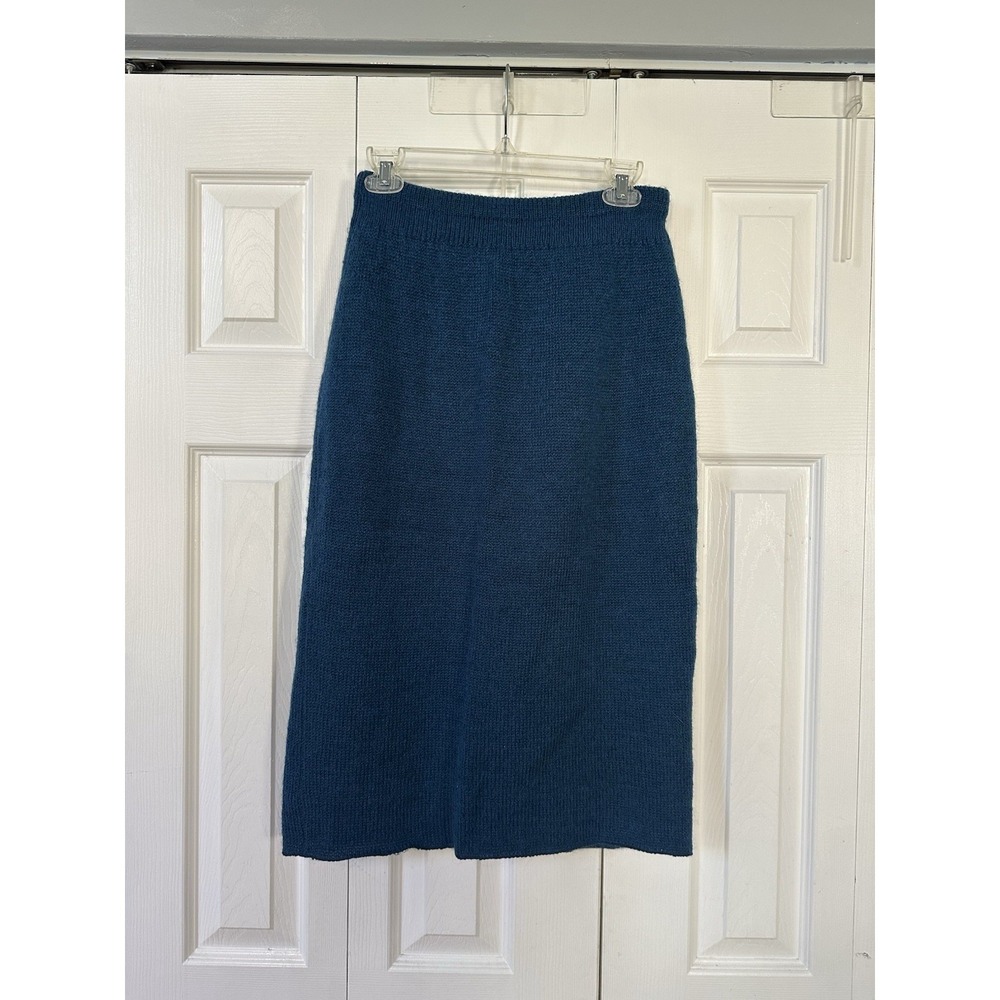 VTG Rodier France Teal Blue Wool Knit Elastic Midi Skirt Size 28" Waist